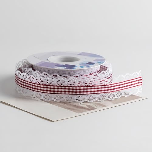 HSTWODE 1 Stück Lace Checkered Gift Ribbon, 12 Farben Dekoband zum Verzieren & Basteln, 3 cm × 10 Yards (9 Meter), Kariertes Band für Bunte Dekos & Geschenkverpackungen (Weinrot) von HSTWODE