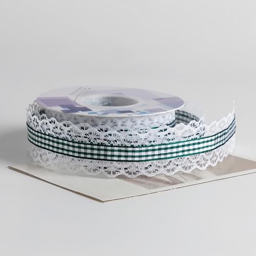 HSTWODE 1 Stück Lace Checkered Gift Ribbon, 12 Farben Dekoband zum Verzieren & Basteln, 3 cm × 10 Yards (9 Meter), Kariertes Band für Bunte Dekos & Geschenkverpackungen (dark green) von HSTWODE
