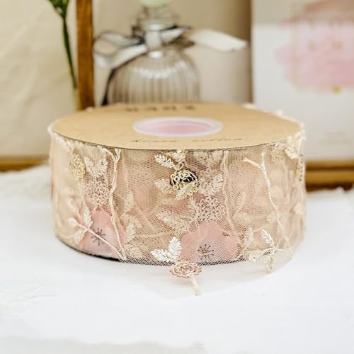 HSTWODE 1 Stück Stickereien-Satinband – 5,5/7cm breit, 1 Rolle 10 Yard (9m), weiche Vintage-gestickte Spitzenkante, Für Geschenkverpackung, Haarschmuck, DIY Handwerk (Rosa, 7cm) von HSTWODE