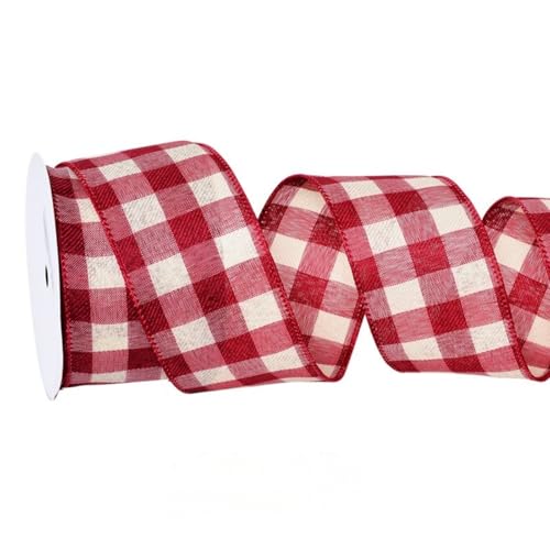 HSTWODE 1 Stück kariertes Band 10 Yards/Rolle 63 mm Karierte Bänder mit Drahtrand for Bastelarbeiten, Schleifen, handgefertigte Wickelpartys (Burgundisch Weiß) von HSTWODE