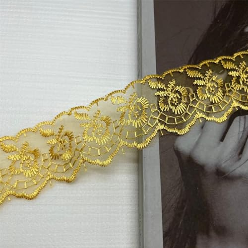 HSTWODE 10 Yard 4cm Breite Elastizität Spitzenborte Spitzenband Spitzenstoff Spitzenborte Häkel-Borte mit Blumenmuster für Basteln Nähen Hochzeit Deko Scrapbooking (Gold) von HSTWODE