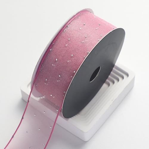HSTWODE 10 yards Organzaband Strass Band 4cm Breit Chiffo Geschenkband,Transparentes Organza Bänder Chiffonband Schleifenband Dekoband Geschenkverpackung Deko Band Tüllband (Dunkelrosa) von HSTWODE