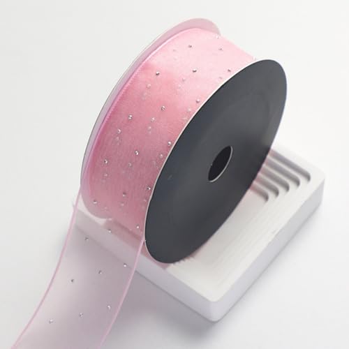 HSTWODE 10 yards Organzaband Strass Band 4cm Breit Chiffo Geschenkband,Transparentes Organza Bänder Chiffonband Schleifenband Dekoband Geschenkverpackung Deko Band Tüllband (Hellrosa) von HSTWODE