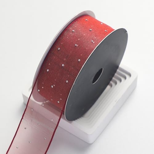 HSTWODE 10 yards Organzaband Strass Band 4cm Breit Chiffo Geschenkband,Transparentes Organza Bänder Chiffonband Schleifenband Dekoband Geschenkverpackung Deko Band Tüllband (Weinrot) von HSTWODE