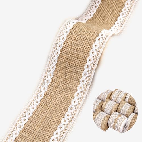 HSTWODE 10M Juteband mit Spitze, 5 cm breit Natürliche jute Bänder und Spitze, Weißer Spitze Natürlich Dekoration Für Geburtstag Hochzeit Party, Weihnachten Dekoration (Stil 10#) von HSTWODE