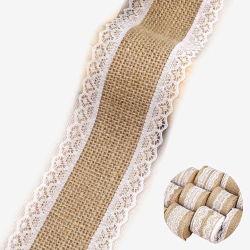 HSTWODE 10M Juteband mit Spitze, 5 cm breit Natürliche jute Bänder und Spitze, Weißer Spitze Natürlich Dekoration Für Geburtstag Hochzeit Party, Weihnachten Dekoration (Stil 12#) von HSTWODE