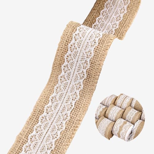 HSTWODE 10M Juteband mit Spitze, 5 cm breit Natürliche jute Bänder und Spitze, Weißer Spitze Natürlich Dekoration Für Geburtstag Hochzeit Party, Weihnachten Dekoration (Stil 6#) von HSTWODE
