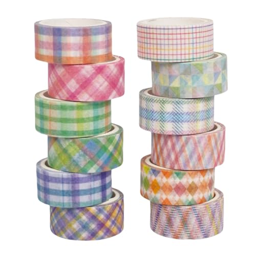 HSTWODE 12 Rollen Gitter Washi Tape Set Schottenstoff Masking Tape Dekorative Klebeband Bunt für Bullet Journals, Planer, Scrapbooking, Geschenkverpackung, DIY Crafts (Bunte Serie) von HSTWODE