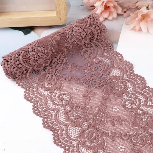 HSTWODE 15cm x 5m Elastizität Spitzenband Spitzenbordüre Spitzenborte Zierband Dekoband Spitzen Borten Bänder zum Nähen,DIY Basteln,Deko für Hochzeitskleid Tischdeko (Dunkbohnensand Farbe) von HSTWODE