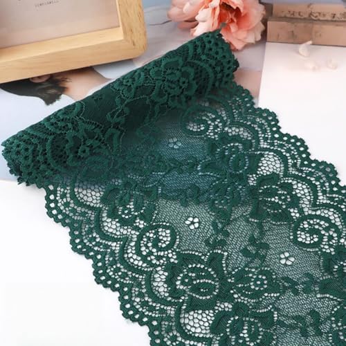 HSTWODE 15cm x 5m Elastizität Spitzenband Spitzenbordüre Spitzenborte Zierband Dekoband Spitzen Borten Bänder zum Nähen,DIY Basteln,Deko für Hochzeitskleid Tischdeko (Dunkelgrün) von HSTWODE