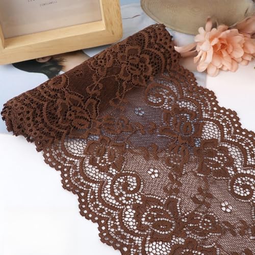 HSTWODE 15cm x 5m Elastizität Spitzenband Spitzenbordüre Spitzenborte Zierband Dekoband Spitzen Borten Bänder zum Nähen,DIY Basteln,Deko für Hochzeitskleid Tischdeko (Kaffee) von HSTWODE