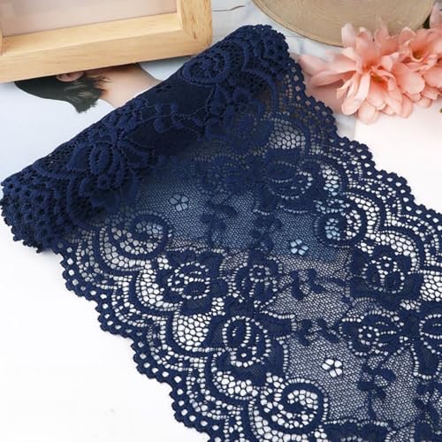 HSTWODE 15cm x 5m Elastizität Spitzenband Spitzenbordüre Spitzenborte Zierband Dekoband Spitzen Borten Bänder zum Nähen,DIY Basteln,Deko für Hochzeitskleid Tischdeko (Marineblau) von HSTWODE