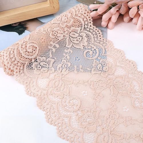 HSTWODE 15cm x 5m Elastizität Spitzenband Spitzenbordüre Spitzenborte Zierband Dekoband Spitzen Borten Bänder zum Nähen,DIY Basteln,Deko für Hochzeitskleid Tischdeko (Nackte Hautfarbe) von HSTWODE