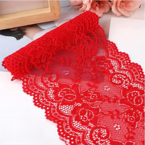 HSTWODE 15cm x 5m Elastizität Spitzenband Spitzenbordüre Spitzenborte Zierband Dekoband Spitzen Borten Bänder zum Nähen,DIY Basteln,Deko für Hochzeitskleid Tischdeko (Rot) von HSTWODE