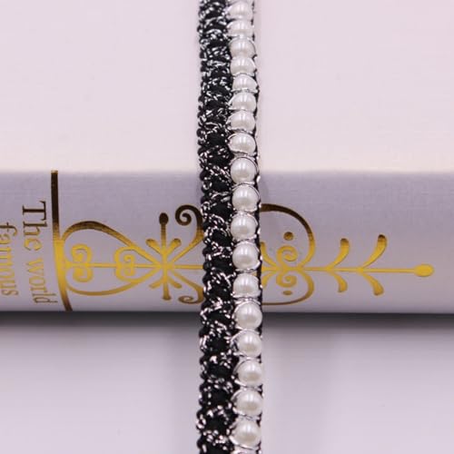 HSTWODE 2/5/10 Yard Perlenband Vintage 1,5 cm breit Glitzer Kordelband Dekoband Zierband Geschenkband für Hochzeit Deko DIY Handwerk Kleidung Rucksack Haarschmuck (Schwarz mit silbernem, 10 yards) von HSTWODE