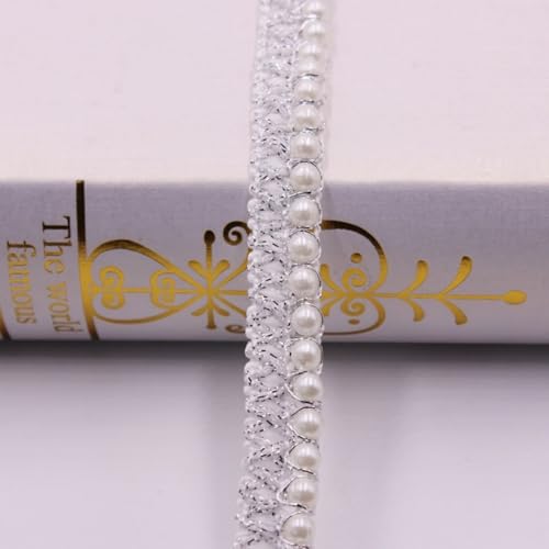 HSTWODE 2/5/10 Yard Perlenband Vintage 1,5 cm breit Glitzer Kordelband Dekoband Zierband Geschenkband für Hochzeit Deko DIY Handwerk Kleidung Rucksack Haarschmuck (Weiß mit silbernem, 10 yards) von HSTWODE