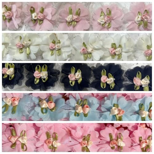 HSTWODE 200/1000 Stück 5 cm breit Gerüschte Chiffon Blumen 5 Farben 3D Blumenband Zierband Dekoband Borten Bänder Für DIY Nähen Handwerk Haarschmuck Hochzeit Kleidungsdekoration (5 Farben) von HSTWODE