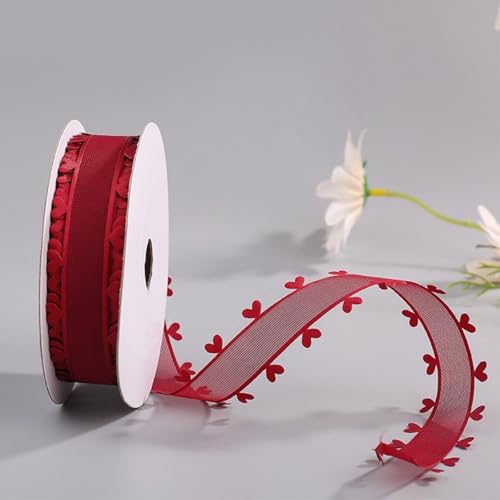 HSTWODE 25mm x20 yards Schleifenband mit Herzen, Geschenkband Herz-Band,Herzen Organzaband Organza Bänder, Tüllband Dekoband für Auto Hochzeit Deko Tischdeko Haarschleife DIY (Burgunderrot) von HSTWODE