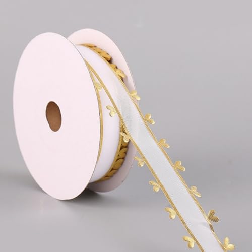 HSTWODE 25mm x20 yards Schleifenband mit Herzen, Geschenkband Herz-Band,Herzen Organzaband Organza Bänder, Tüllband Dekoband für Auto Hochzeit Deko Tischdeko Haarschleife DIY (Gold) von HSTWODE