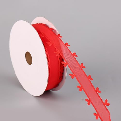 HSTWODE 25mm x20 yards Schleifenband mit Herzen, Geschenkband Herz-Band,Herzen Organzaband Organza Bänder, Tüllband Dekoband für Auto Hochzeit Deko Tischdeko Haarschleife DIY (Rot) von HSTWODE