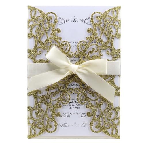 HSTWODE 25x lasergeschnittene Hochzeitseinladungskarten mit Schleife und Umschlägen für Brautparty, Verlobung, Geburtstag, Abschlussfeier (Königsgold) von HSTWODE