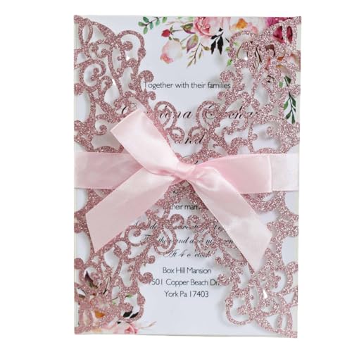 HSTWODE 25x lasergeschnittene Hochzeitseinladungskarten mit Schleife und Umschlägen für Brautparty, Verlobung, Geburtstag, Abschlussfeier (Rosa) von HSTWODE
