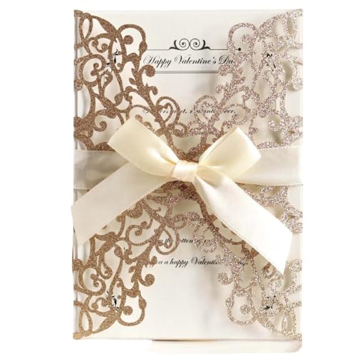 HSTWODE 25x lasergeschnittene Hochzeitseinladungskarten mit Schleife und Umschlägen für Brautparty, Verlobung, Geburtstag, Abschlussfeier (Roségold) von HSTWODE