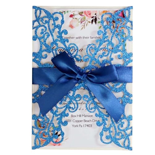 HSTWODE 25x lasergeschnittene Hochzeitseinladungskarten mit Schleife und Umschlägen für Brautparty, Verlobung, Geburtstag, Abschlussfeier (Royalblau) von HSTWODE
