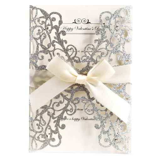 HSTWODE 25x lasergeschnittene Hochzeitseinladungskarten mit Schleife und Umschlägen für Brautparty, Verlobung, Geburtstag, Abschlussfeier (Silber) von HSTWODE