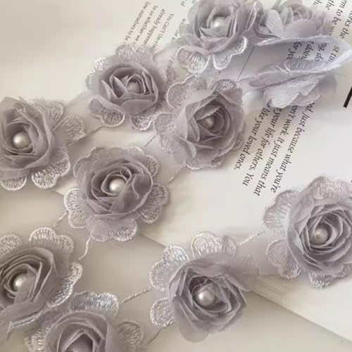 HSTWODE 4,5 cm x 2 yards Chiffon-Rosen-Spitzenborte Mit Perlen, Blumen-Bordüre,Chiffon-Rose,geflochtene Spitzenborte zum Nähen, für Dekoration, Zubehör (Grau) von HSTWODE