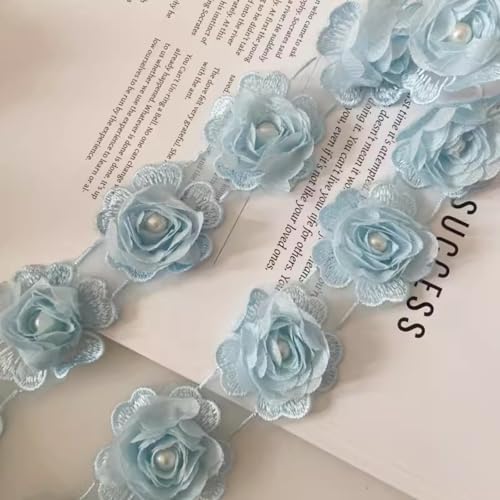 HSTWODE 4,5 cm x 2 yards Chiffon-Rosen-Spitzenborte Mit Perlen, Blumen-Bordüre,Chiffon-Rose,geflochtene Spitzenborte zum Nähen, für Dekoration, Zubehör (Hellblau) von HSTWODE
