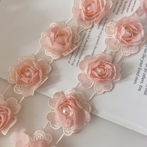 HSTWODE 4,5 cm x 2 yards Chiffon-Rosen-Spitzenborte Mit Perlen, Blumen-Bordüre,Chiffon-Rose,geflochtene Spitzenborte zum Nähen, für Dekoration, Zubehör (Hellorange) von HSTWODE