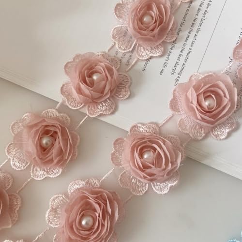 HSTWODE 4,5 cm x 2 yards Chiffon-Rosen-Spitzenborte Mit Perlen, Blumen-Bordüre,Chiffon-Rose,geflochtene Spitzenborte zum Nähen, für Dekoration, Zubehör (Rosa) von HSTWODE