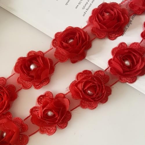 HSTWODE 4,5 cm x 2 yards Chiffon-Rosen-Spitzenborte Mit Perlen, Blumen-Bordüre,Chiffon-Rose,geflochtene Spitzenborte zum Nähen, für Dekoration, Zubehör (Rot) von HSTWODE