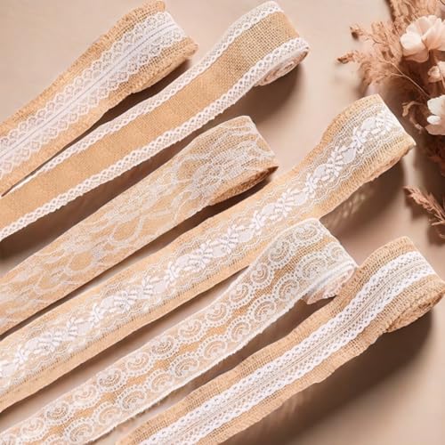 HSTWODE 4/6 Rollen Juteband 5 cm x 2 m Vintage Spitzenband, Natur Juteband Spitzenband, Weisse Spitzen für Weihnachten Hochzeitsdeko Tischdeko Glasflasche DIY Handwerk Basteln (Kombination 1) von HSTWODE