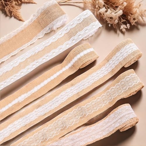 HSTWODE 4/6 Rollen Juteband 5 cm x 2 m Vintage Spitzenband, Natur Juteband Spitzenband, Weisse Spitzen für Weihnachten Hochzeitsdeko Tischdeko Glasflasche DIY Handwerk Basteln (Kombination 2) von HSTWODE