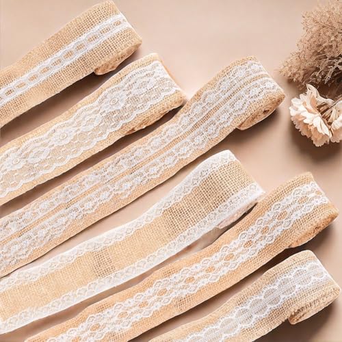 HSTWODE 4/6 Rollen Juteband 5 cm x 2 m Vintage Spitzenband, Natur Juteband Spitzenband, Weisse Spitzen für Weihnachten Hochzeitsdeko Tischdeko Glasflasche DIY Handwerk Basteln (Kombination 3) von HSTWODE