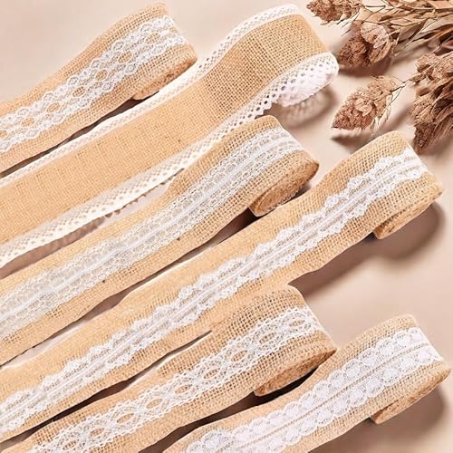 HSTWODE 4/6 Rollen Juteband 5 cm x 2 m Vintage Spitzenband, Natur Juteband Spitzenband, Weisse Spitzen für Weihnachten Hochzeitsdeko Tischdeko Glasflasche DIY Handwerk Basteln (Kombination 4) von HSTWODE