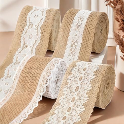 HSTWODE 4/6 Rollen Juteband 5 cm x 2 m Vintage Spitzenband, Natur Juteband Spitzenband, Weisse Spitzen für Weihnachten Hochzeitsdeko Tischdeko Glasflasche DIY Handwerk Basteln (Kombination 5) von HSTWODE