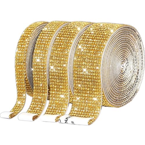 HSTWODE 4 Rollen Selbstklebende Kristall Strass Diamant Band, 4 Yards Glitzersteine Strasssteine Selbstklebend DIY Dekoration Bling Aufkleber für Auto Handwerk Hochzeit Dekoration (Gold) von HSTWODE