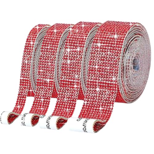 HSTWODE 4 Rollen Selbstklebende Kristall Strass Diamant Band, 4 Yards Glitzersteine Strasssteine Selbstklebend DIY Dekoration Bling Aufkleber für Auto Handwerk Hochzeit Dekoration (Rot) von HSTWODE