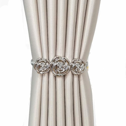 HSTWODE 4 Stücke Vorhang Raffhalter, Metall Vorhang Clips mit Federseil,Raffhalter für Vorhänge, Vorhanghalter für Gardinen, Gardinenhalter Legierung für Haus Dekoration (Silberne Blumen) von HSTWODE