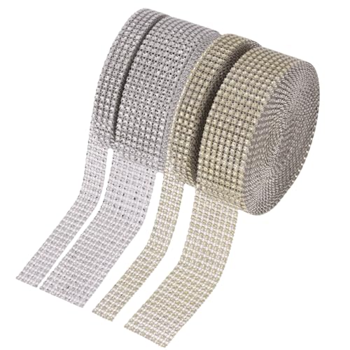 HSTWODE 4 & 8 Reihen Diamant Strassband Set | Kristall-Dekorband für Hochzeitstorten, Babyparty, Tischdekoration,DIY Geschenkverpackung (10 Yard) (Silber) von HSTWODE