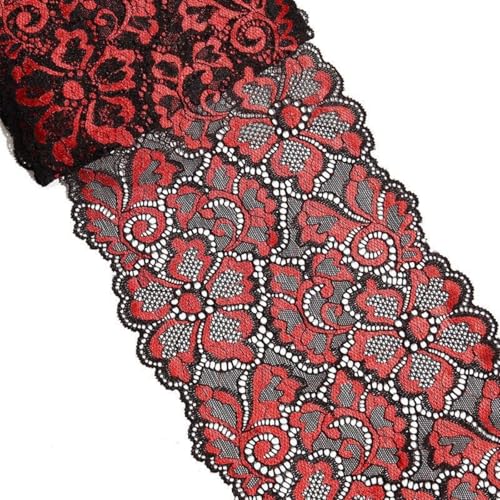 HSTWODE 5/10 Yards lang 18cm Breite Stretch Spitzenbordüre Vintage Spitzenborte Spitzenband Zierband Spitze Blume Borte Hochzeit lace trim Deko band,Handwerk (Schwarz + Rot, 10 yards) von HSTWODE