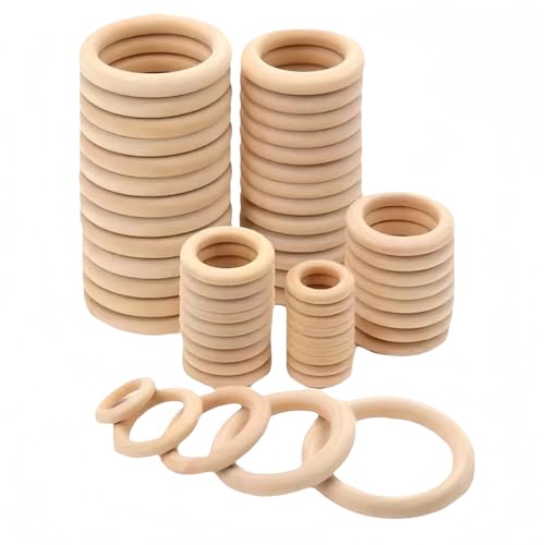 HSTWODE 50 Stück Holzringe zum Basteln, Natürliche Holz Ringe, Makramee Ringe Für DIY Handwerk Ring Anhänger Anschlussstück Schmuck Serviettenringe, Holzkranz, Bastelring(15/25/35/45/55mm) von HSTWODE