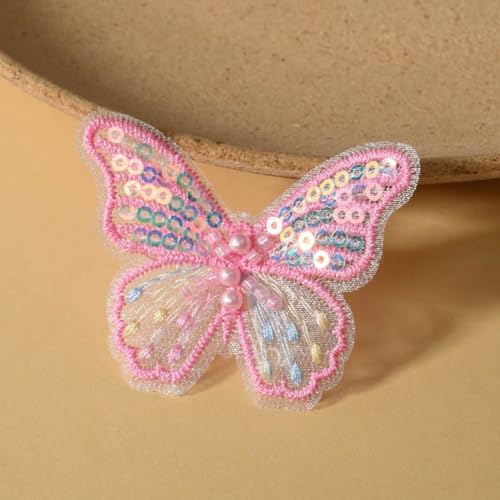 HSTWODE 50 Stück Schmetterlings-Paillettenapplikation,Polyester, Schmetterlinge, Stickerei-Applikationen, Spitze, Tüll-Patches zum Nähen (Dunkelrosa) von HSTWODE
