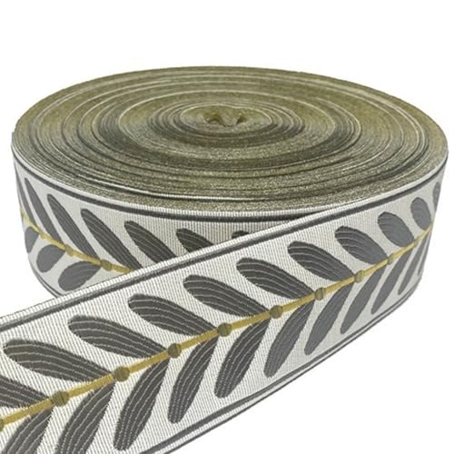 HSTWODE 51M Jacquard Band 6cm Blattmuster Jacquard Polyesterbänder Blatt Jacquard Gewebte Stickerei Für Heimwerker Nähen Basteln Handgefertigte Taschen Gürtel (Grau) von HSTWODE