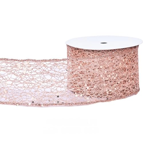HSTWODE 6,3 cm breit, 9,1 Meter lang Weihnachtsband mit Draht Glitzer Netz für Baumschmuck, Geschenkverpackung, Kränze, Baumspitzen, Basteln (Beige) von HSTWODE