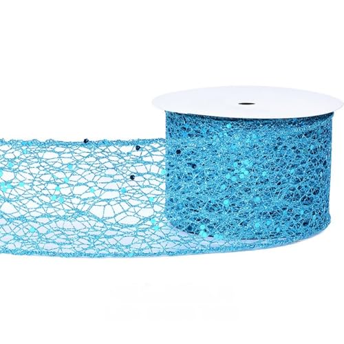 HSTWODE 6,3 cm breit, 9,1 Meter lang Weihnachtsband mit Draht Glitzer Netz für Baumschmuck, Geschenkverpackung, Kränze, Baumspitzen, Basteln (Blau) von HSTWODE