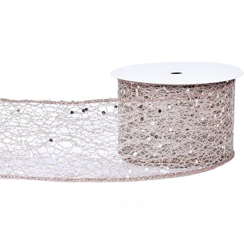 HSTWODE 6,3 cm breit, 9,1 Meter lang Weihnachtsband mit Draht Glitzer Netz für Baumschmuck, Geschenkverpackung, Kränze, Baumspitzen, Basteln (Champagner) von HSTWODE